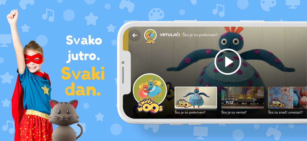 A smartphone showing the Juhuhu app video player with children programs in Croatian next to a girl in a superhero costume