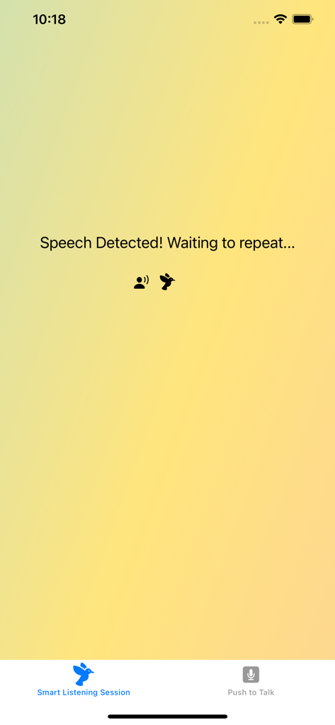 Parakeet app interface showing speech detected and waiting to repeat for vocal training
