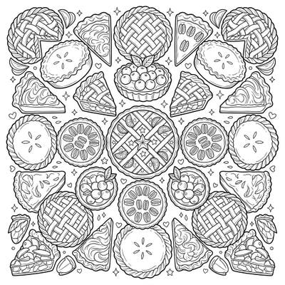 Feast your eyes on this delightful mandala, intricately designed with an array of sweet and savory pies and tarts. Each symmetrical section invites you to bring these delectable desserts to life with your favorite colors.