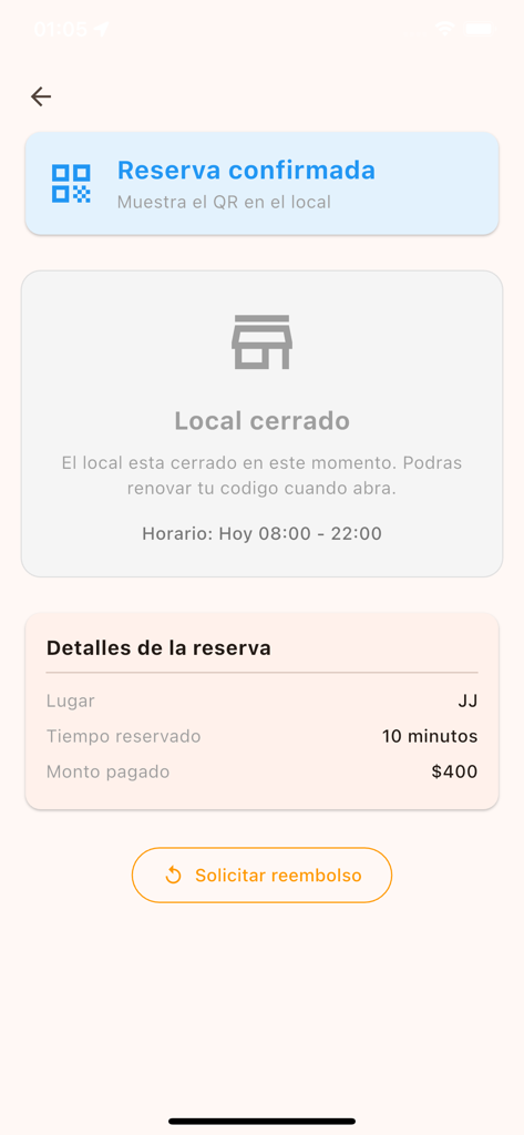 Cagapp - Cagapp mobile interface showing a confirmed bathroom reservation screen with location status and booking details