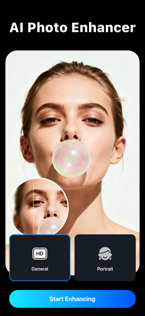 Repairit - AI Photo Enhancer - The interface of the Repairit app showing an AI portrait enhancement feature with a before and after comparison on a photo of a woman.