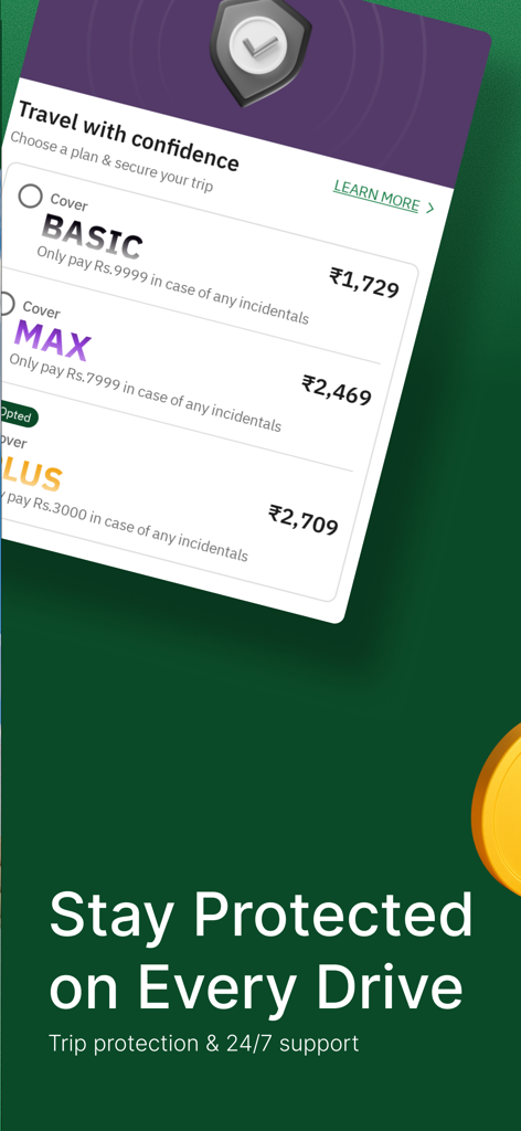 Interfaz de la aplicación Zoomcar mostrando varias opciones de cobertura de protección de viaje para alquileres de coches