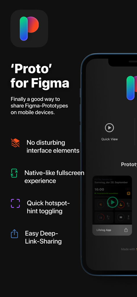 'Proto' for Figma - Proto for Figmaアプリのインターフェース。フルスクリーン体験やモバイルプロトタイプのディープリンク共有などの主要機能が表示されています。