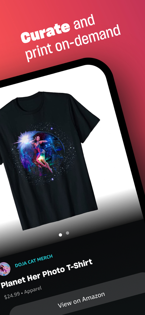 Tela de gerenciamento de produtos do artista no aplicativo Amazon Music for Artists mostrando uma camiseta de impressão sob demanda