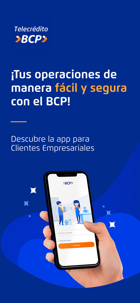 Telecredito Movil BCP app login screen held in a hand promoting easy and secure business banking operations.