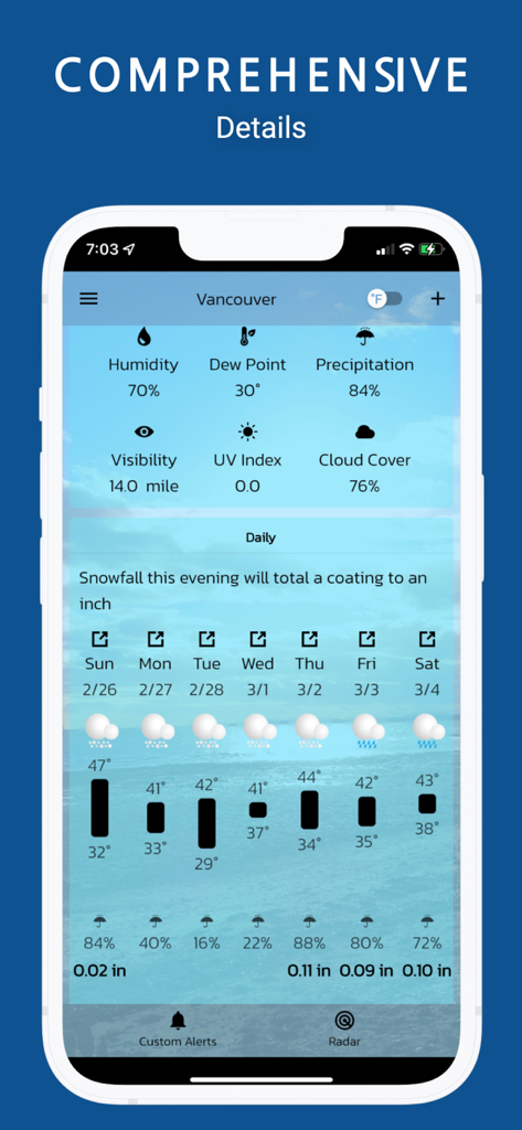 Weather Alerts Ultimate - A comprehensive weather dashboard showing atmospheric details and a seven-day forecast for Vancouver.