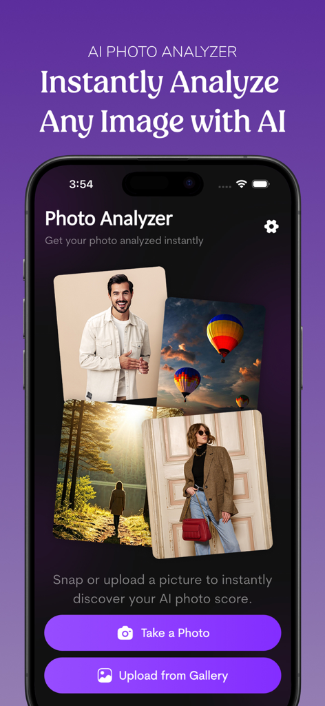 AI Photo Measure - Face Beauty - Home screen of the AI Photo Analyzer app featuring options to take or upload a photo for instant AI analysis and beauty scores
