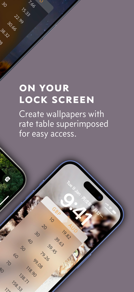 Ein iPhone-Sperrbildschirm mit einem Hintergrundbild einer Währungsumrechnungstabelle für GBP zu AUD.