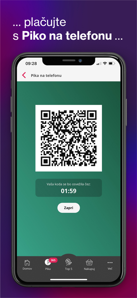 Pantalla de smartphone de la aplicación MOJ M que muestra un código QR para el pago móvil Pika y recompensas de fidelidad