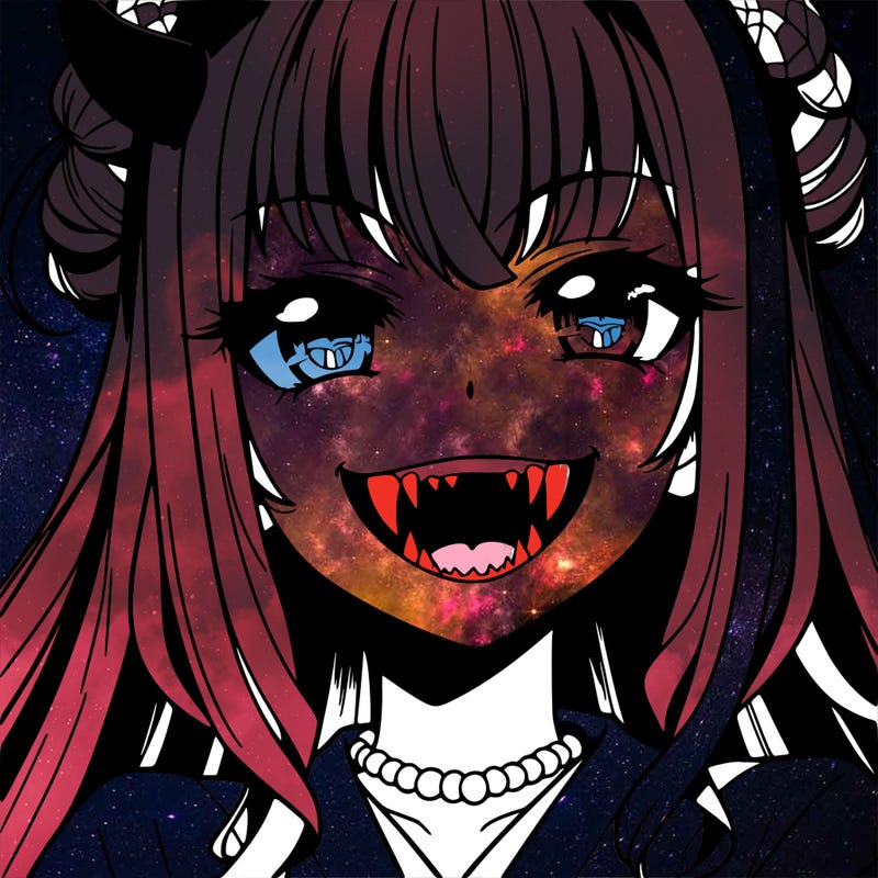 anime girl, vampire teeth,demon slayer themed, evil smile