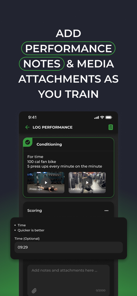 FITR app screen for adding performance notes and video attachments during a workout.