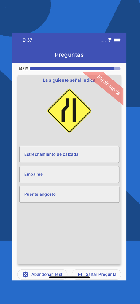 Examen de conducir Motos - Pantalla de la app móvil mostrando una pregunta de teoría de examen de conducir de moto con una señal de tráfico.