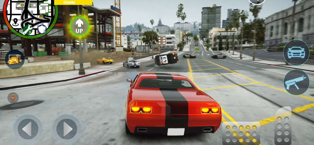 Gangster Games Crime Simulator - A red sports car driving through a city street with a police car crashing in a crime simulator game