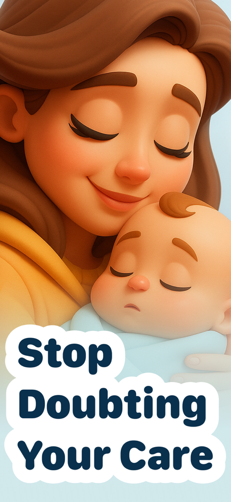 Baby Feed Timer - Babee - 3D illustration of a smiling mother cuddling her sleeping newborn baby with the text Stop Doubting Your Care