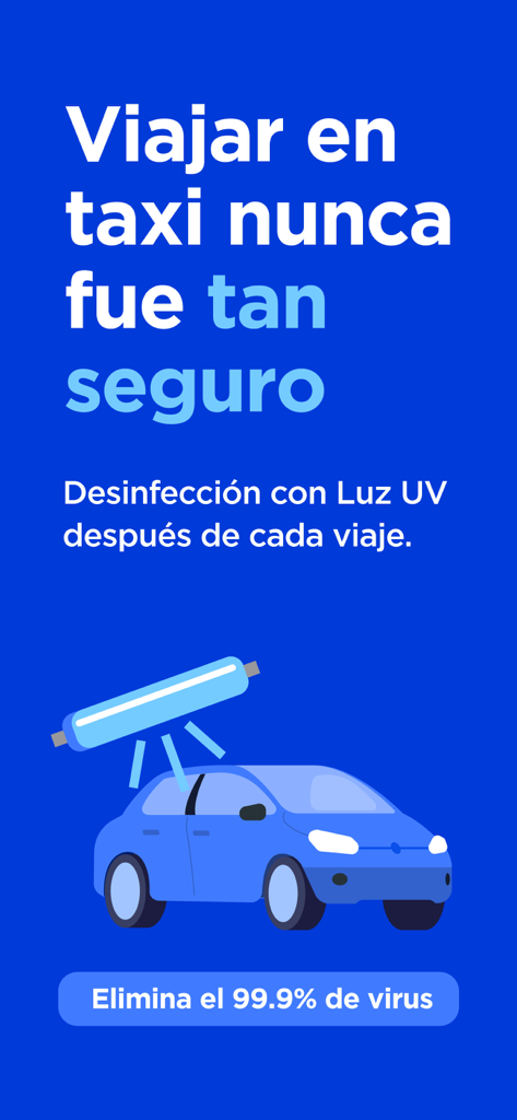 Directo - Directo app screen highlighting UV light disinfection for safer taxi rides