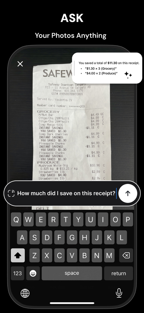 Photokit: Photo Gallery - Interface of Photokit app using AI to answer questions about a photo of a shopping receipt