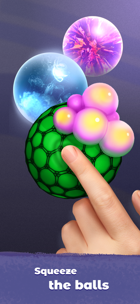 Anti stress ball: slime games - Un dedo apretando una bola antiestrés texturizada de color verde con burbujas en la aplicación