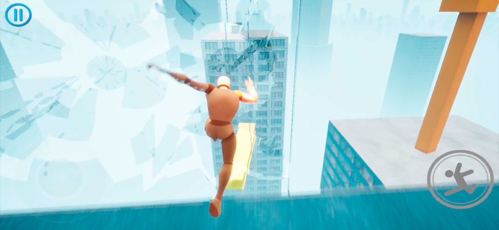 Rooftops Parkour Freerun - Eine Figur, die einen Parkoursprung durch ein Glasfenster zwischen Hochhäusern ausführt