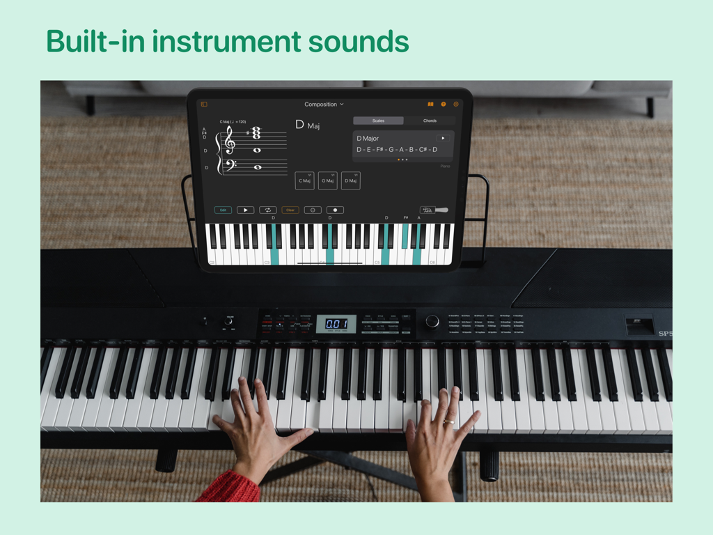 Chordio: compose & learn music - A person playing a digital piano with the Chordio app on an iPad displaying music composition tools.