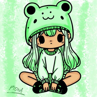 a girl wearing a frog hat and some frog socks