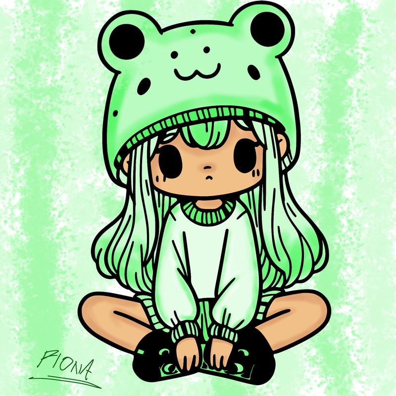 a girl wearing a frog hat and some frog socks