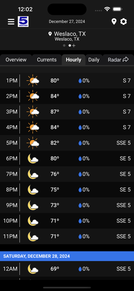 Hourly weather forecast for Weslaco Texas on the KRGV First Warn 5 app showing temperatures and wind speed