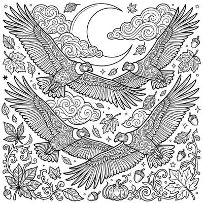 Embark on a unique coloring adventure with this stunning gothic-inspired design featuring majestic condors soaring through an autumn sky. Intricate details of fall foliage, a crescent moon, and dramatic clouds await your creative touch.