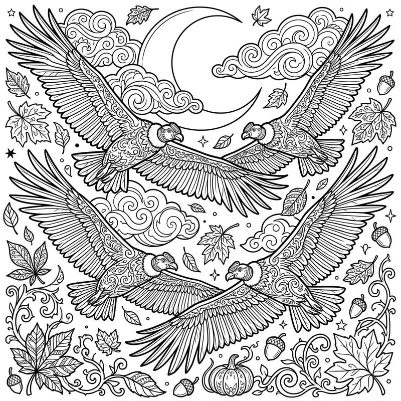 Embark on a unique coloring adventure with this stunning gothic-inspired design featuring majestic condors soaring through an autumn sky. Intricate details of fall foliage, a crescent moon, and dramatic clouds await your creative touch.