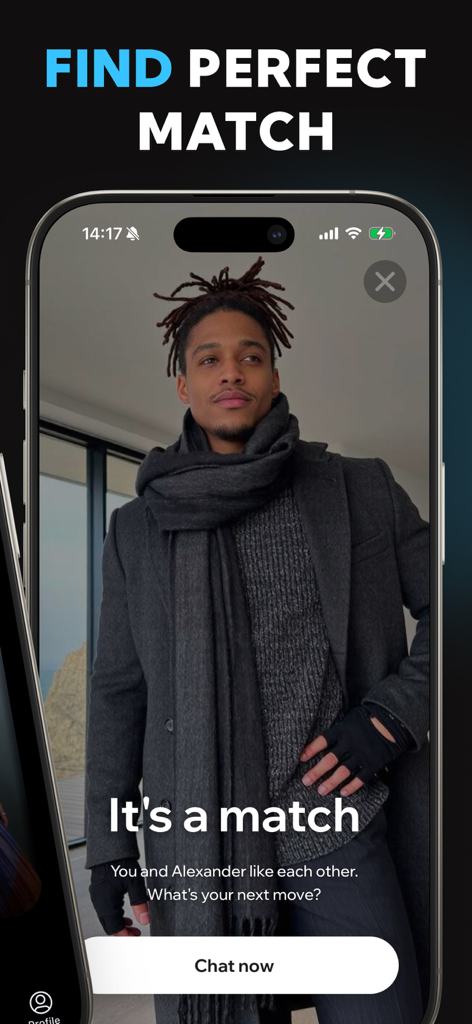 Character AI | AI Girlfriend - Una captura de pantalla de la aplicación móvil Character AI que muestra una interfaz de coincidencia con un personaje masculino llamado Alexander y un botón Chatear Ahora.