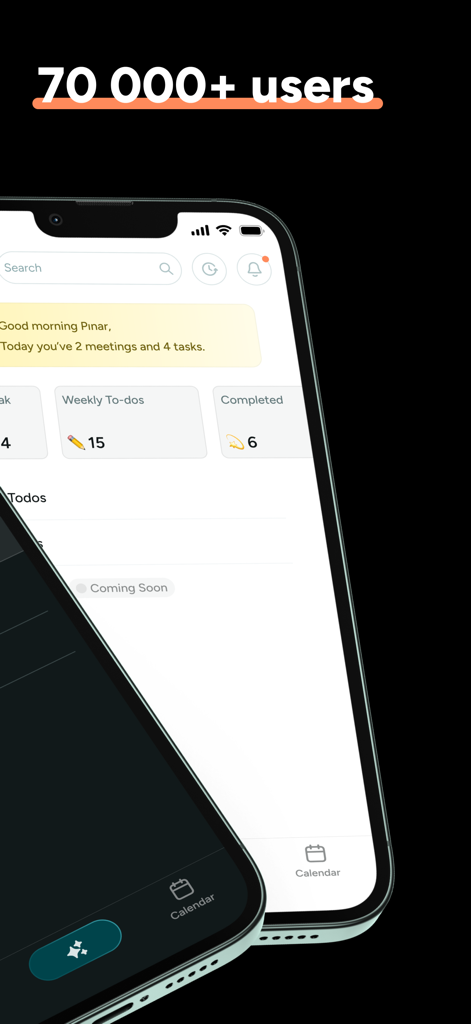 BeforeSunset AI - BeforeSunset AI mobile app dashboard showing daily tasks and meetings summary with 70000 plus users text