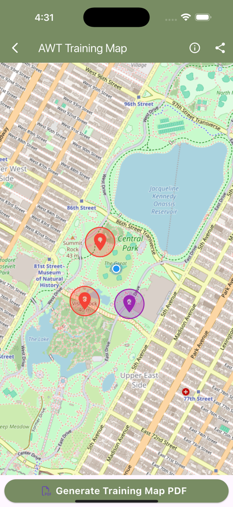 Expert Soldier Badge app training map interface with location pins and PDF generation button