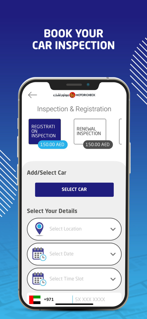 Rafid - Interfaz móvil de la aplicación Rafid para reservar servicios de inspección y registro de coches con opciones de precios y programación
