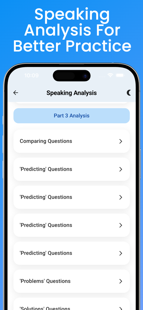 IELTS Speaking Prep 2026 - IELTS Speaking Prep 2026 app interface showing speaking analysis for Part 3 question types
