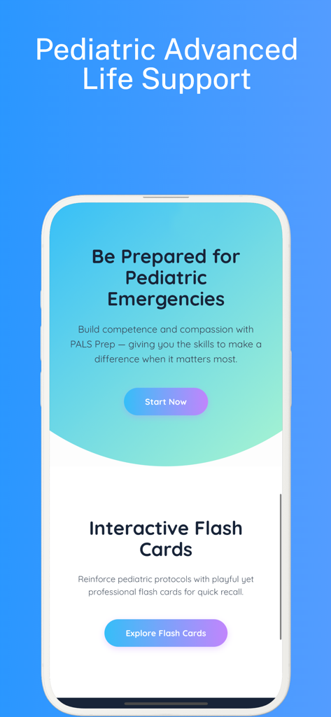 PALS Prep: Pedi Life Support - Schermata dell'app mobile PALS Prep che mostra flashcard interattive e funzionalità di preparazione alle emergenze pediatriche.