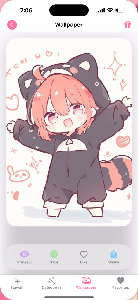 A preview of a cute anime girl in a dark animal onesie on a pink themed wallpaper screen in the Kawaii Keyboard and Wallpapers app.