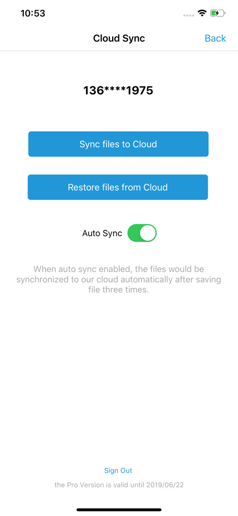 MindFlowクラウド同期画面、ファイルの同期または復元、自動同期の有効化オプションを表示