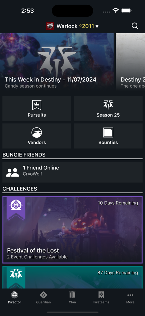 Destiny 2 Companion - Destiny 2 Companion app interface showing the Director tab with news and game challenges.