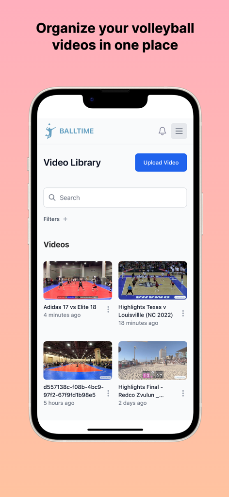 Balltime AI - Balltime AI mobile app interface showing an organized video library of volleyball match highlights