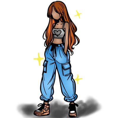 girl in baggy pants crop top and long hair