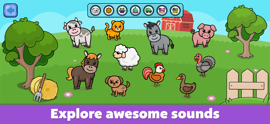 Baby piano for kids & toddlers - Cartoon farm animals including a cow sheep and dog in a toddler learning game