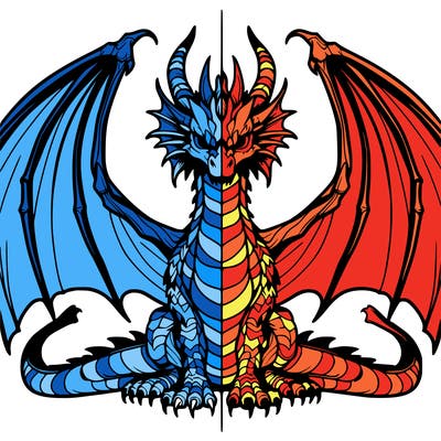 a realistic, symmetrical drawing of a dragon with a line down the middle