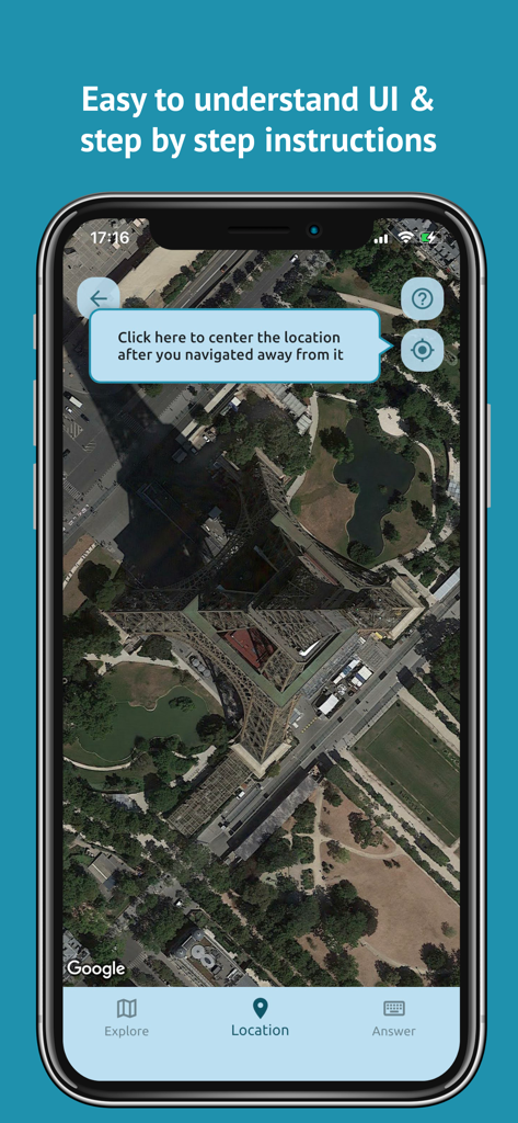 Geo Mania: Guess the Location - Geo Mania mobile app interface showing a satellite view of the Eiffel Tower with a helpful tutorial message.