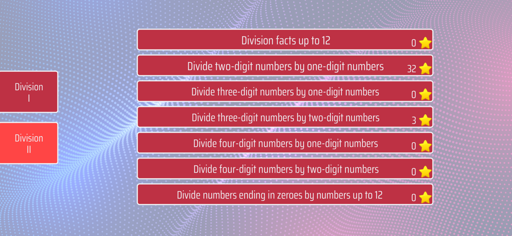 List of division lessons and progress in the Division Math Trainer app