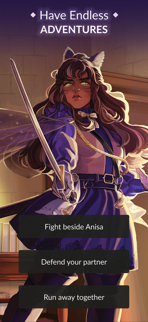 Fictif: Interactive Romance - A sword wielding fantasy character in the Fictif interactive romance app with story choices.