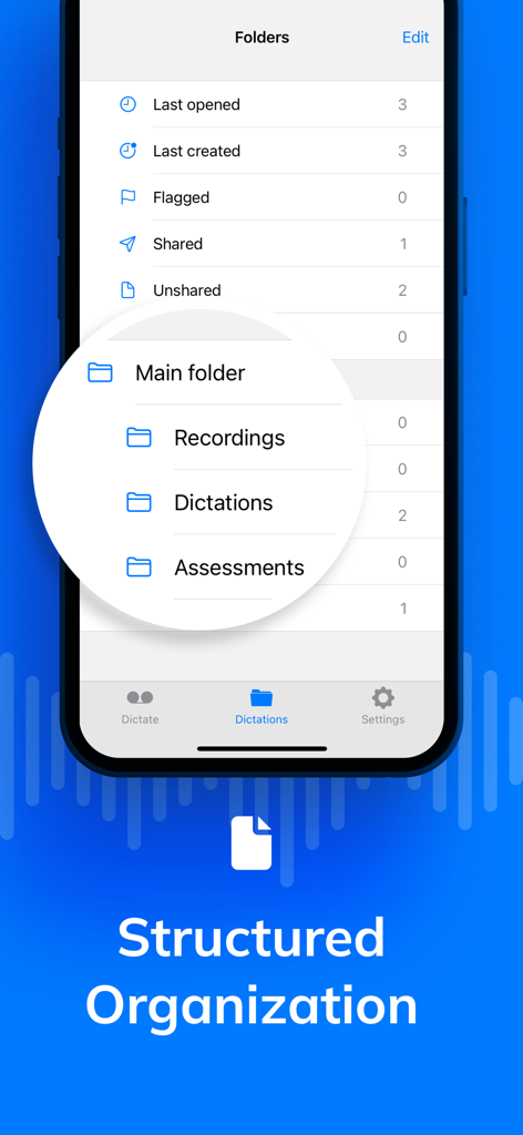 Dictate plus app interface showing structured folder organization for professional recordings and dictations