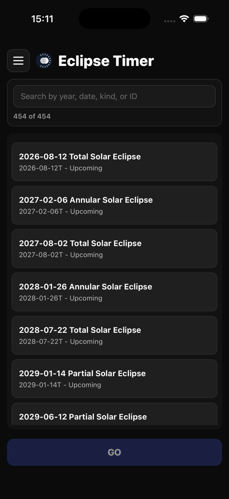 Eclipse Timer - A list of upcoming total and annular solar eclipses from 2026 to 2029 within the Eclipse Timer app interface.