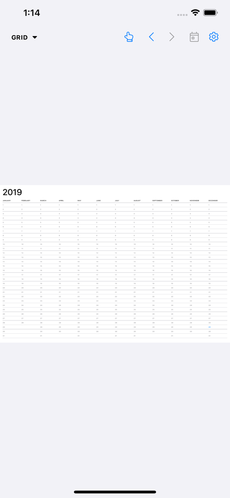 Vollständige Jahreskalender-Rasteransicht in der Pencil Planner App mit Monaten und Daten für 2019