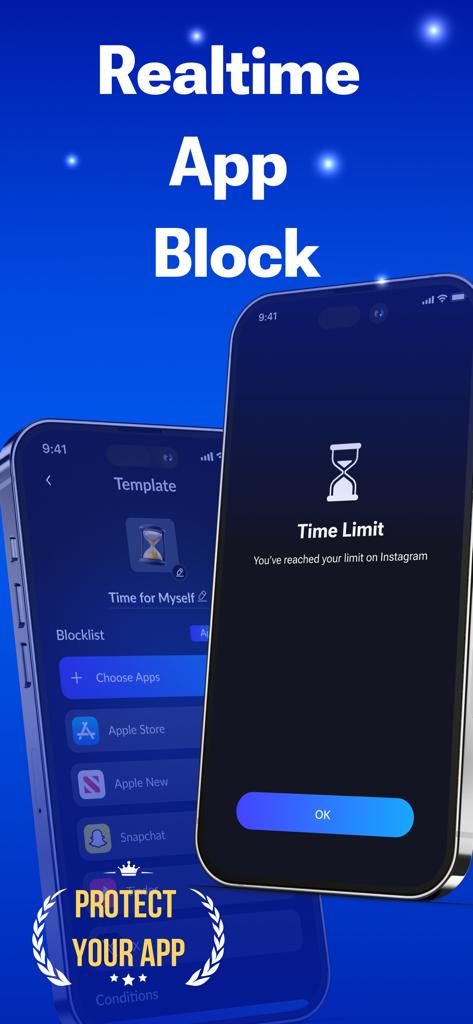 Interfaz de AppLock mostrando bloqueo de aplicaciones en tiempo real y una notificación de límite de tiempo para Instagram en un smartphone.