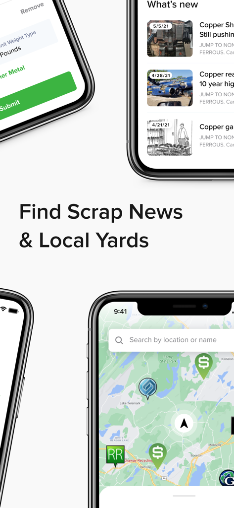 iScrap: National Scrap Prices - Mobile app interface showing a local scrap yard locator map and metal price news articles