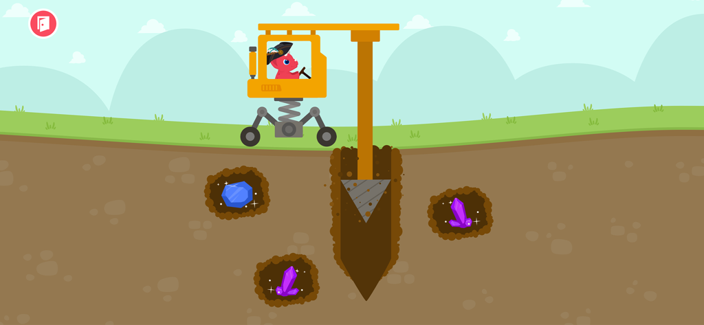 Dinosaur Digger Excavator Game - A red dinosaur in a yellow drilling machine excavating gems from the ground.